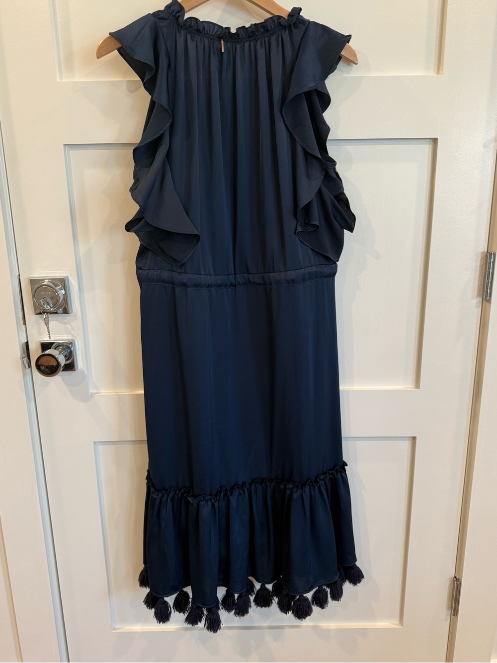 Misa Navy Ruffle Flounce Fringe Drawstring Viscose Dress - Picture 6 of 8